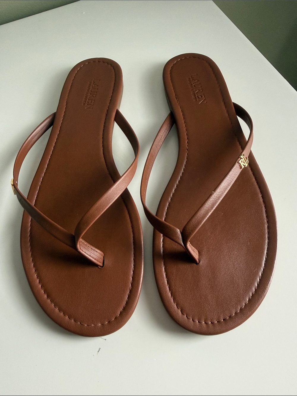 Lauren Ralph Lauren Brown Leather Thong Sandals with Logo Charm